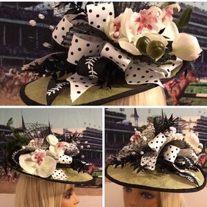 Polka Dot Floral Fascinator Hat in Olive Green and Black